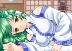  bad_id bad_pixiv_id breasts detached_sleeves frog green_hair hair_ornament japanese_clothes kochiya_sanae large_breasts lying moriya_suwako on_side solo takashiru touhou when_you_see_it yellow_eyes 