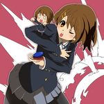  1girl :o bad_id bad_pixiv_id brown_eyes brown_hair castanets chibi dual_persona hajime_(hajime-ill-1st) hirasawa_yui instrument k-on! one_eye_closed pantyhose school_uniform short_hair un_tan 