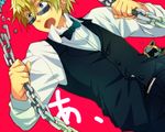  1girl animal_helmet bad_id bad_pixiv_id blonde_hair bow bowtie celty_sturluson chain durarara!! ekoo heiwajima_shizuo helmet lowres open_mouth sunglasses surprised vest 