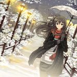  armcho black_eyes black_hair coat cowboy_shot dutch_angle gloves lamppost legwear_under_shorts long_hair original pantyhose scarf shorts snow snowing solo umbrella wind 