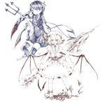  bat_wings fangs hat houjuu_nue monochrome multiple_girls multiple_monochrome polearm remilia_scarlet shiina_aya short_hair simple_background snake spear spear_the_gungnir thighhighs touhou trident weapon white_background wings 