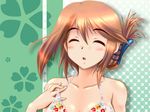  adjusting_clothes adjusting_swimsuit blush brown_hair closed_eyes folded_ponytail halterneck komaki_manaka open_mouth solo swimsuit to_heart_2 wallpaper x-4kazu 