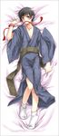  1boy axis_powers_hetalia black_eyes black_hair blush full_body japan_(hetalia) japanese_clothes kimono lying male male_focus rope short_hair solo tabi 