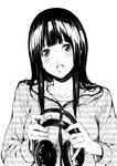  :o azuki_miho bakuman bangs fujioka_toki greyscale headphones highres holding long_hair looking_at_viewer monochrome open_mouth simple_background solo sweater 