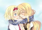  alice_margatroid blonde_hair chata_maru_(irori_sabou) holding_hands kirisame_marisa multiple_girls scarf shared_scarf touhou yuri 