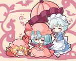  chibi closed_eyes flandre_scarlet hanuu_(kemomiku) hat izayoi_sakuya multiple_girls remilia_scarlet ribbon touhou umbrella 