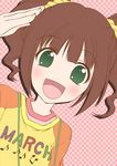  :d artist_request blush brown_hair checkered flat_color green_eyes idolmaster idolmaster_(classic) non-web_source open_mouth raglan_sleeves salute short_hair smile solo takatsuki_yayoi twintails 
