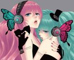  aqua_eyes aqua_hair aqua_nails black_dress blush butterfly_hair_ornament butterfly_wings dress fingerless_gloves gloves hair_ornament hat hatsune_miku headphones jpeg_artifacts long_hair magnet_(vocaloid) megurine_luka multiple_girls nail_polish pink_hair pink_nails vocaloid wings yunomi_(yunomi_imonuy) yuri 