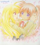  2girls blonde_hair brown_hair colored_pencil_(medium) dated fate_testarossa flower holding_hands long_hair low-tied_long_hair lyrical_nanoha mahou_shoujo_lyrical_nanoha mahou_shoujo_lyrical_nanoha_a's md5_mismatch multiple_girls petals purple_eyes red_eyes shikishi shinozuki_takumi side_ponytail takamachi_nanoha traditional_media watercolor_pencil_(medium) yuri 