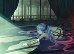  ass blue_eyes blue_hair chain highres horns kimura_daisuke long_hair lying multicolored_hair nude pink_hair pixiv_fantasia pixiv_fantasia_4 solo tail very_long_hair 