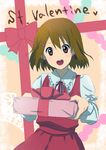  brown_eyes brown_hair dress gift hirasawa_yui holding holding_gift incoming_gift k-on! mocchii_(mogitate-kajitu) ribbon short_hair solo valentine 