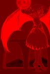  back barefoot bat_wings dress full_moon hat highres inuyori legs looking_back monochrome moon profile red red_moon red_sky remilia_scarlet short_hair sky solo standing touhou wings 