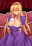  blonde_hair bow breast_hold breasts cleavage elbow_gloves food frilled_pillow frills gloves large_breasts long_hair pillow pocky purple_eyes ribbon shuugetsu_karasu solo touhou white_gloves yakumo_yukari 