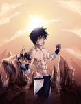  black_hair blood bloody_hands blue_eyes closed_mouth come_hither commission facial_scar fingerless_gloves gloves highres looking_at_viewer male_focus multiple_boys muscle nenshou_kajida non-web_source original outdoors scar shirtless siegeredwolf smile sweat 
