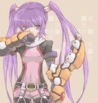  bad_id bad_pixiv_id brown_background gauntlets pota_(nabrinko) purple_eyes purple_hair sophie_(tales) tales_of_(series) tales_of_graces twintails wiping_mouth 