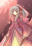  artist_request bangs blunt_bangs character_request copyright_request elf japanese_clothes kimono non-web_source pointy_ears ponytail red_eyes sidelocks silver_hair solo source_request sword weapon 