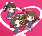  anegasaki_nene black_hair brown_eyes brown_hair chibi happy_valentine kobayakawa_rinko love_plus mattaku_mousuke mole mole_under_eye multiple_girls ponytail school_uniform serafuku short_hair takane_manaka valentine 