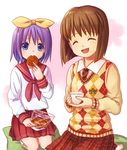  argyle bad_id bad_pixiv_id blue_eyes bob_cut brown_hair closed_eyes college_of_angel_(idolmaster) cookie crossover cup cushion eating food hagiwara_yukiho hiiragi_tsukasa idolmaster idolmaster_(classic) kneeling lucky_star multiple_girls noel_(artist) plaid plaid_skirt purple_hair ryouou_school_uniform school_uniform serafuku short_hair skirt sweater sweater_vest teacup 