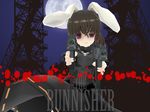  3d absurdres animal_ears black_hair bunny_ears cosplay dual_wielding gun highres holding inaba_tewi mac-11 marvel mikumikudance montekoa parody pun punisher punisher_(cosplay) red_eyes short_hair skull solo submachine_gun the_punisher touhou weapon 