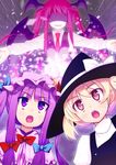  akino_sora alternate_hairstyle bat_wings blonde_hair hat head_wings kirisame_marisa koakuma long_hair looking_up multiple_girls no_eyes open_mouth outstretched_arms patchouli_knowledge pink_eyes purple_eyes purple_hair red_hair shaded_face short_hair spread_arms touhou twintails wings witch_hat 