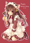  2010 animal_ears brown_hair cat_ears chocolate commentary_request fork happy_valentine heart little_busters! long_hair maid natsume_rin ponytail red_eyes sakura_neko solo valentine 