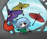  blue_hair blush chibi heterochromia karakasa_obake oriental_umbrella purple_umbrella rain smile solo tatara_kogasa tears touhou umbrella yanagi_(nurikoboshi) 