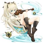  aqua_eyes blonde_hair chair full_body highres instrument kneehighs long_hair original sitting smile socks solo tansuke violin 