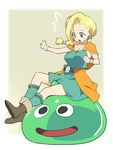  1girl :o armlet belt between_legs bianca black_eyes blonde_hair blue_eyes boots bracelet braid breasts cape cleavage dragon_quest dragon_quest_v dress earrings floating_hair green_skin hair_over_shoulder hair_tubes jewelry kneehighs large_breasts long_hair looking_down monster neck_ring nora_higuma on_head open_mouth outstretched_arm person_on_head profile ribbon short_dress simple_background single_braid sitting sitting_on_head sitting_on_person slime_knight smile straddling surprised sweatdrop 