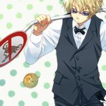  ? blonde_hair bow bowtie durarara!! ekoo heiwajima_shizuo lowres male_focus sign solo sunglasses vest 