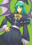  bat_wings capelet green_eyes green_hair hand_on_hip hat jonylaser long_hair mima shirt smile solo taut_clothes taut_shirt touhou wings wizard_hat 