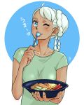  1girl absurdres aobito_sukoyaka_bystander blue_background blue_eyes braid braided_bun braided_hair_rings breasts collarbone dark-skinned_female dark_skin eating facial_mark food forehead_mark green_shirt gundam gundam_g_no_reconguista hair_bun highres looking_at_viewer one_eye_closed raraiya_monday shirt short_hair short_sleeves small_breasts solo spoon upper_body utensil_in_mouth white_hair 