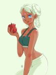  1girl absurdres aobito_sukoyaka_bystander apple blue_eyes braided_hair_rings breasts cleavage clothing_request dark-skinned_female dark_skin double_bun eating food fruit gundam gundam_g_no_reconguista hair_bun highres holding holding_food holding_fruit licking_lips midriff pants raraiya_monday small_breasts solo tongue tongue_out white_background white_pants 