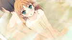  1girl :o bathing black_hair blush brown_towel collarbone dutch_angle game_cg green_eyes highres kantoku long_hair minagawa_yuuhi nagamine_tomoki naked_towel non-web_source nude orange_hair parted_lips solo_focus towel wet your_diary 