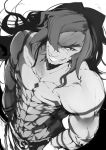  1boy abs azrael_(blazblue) bare_shoulders blazblue blazblue:_chronophantasma evil_smile facial_hair goatee hair_over_one_eye hands_in_pockets highres long_hair looking_at_viewer looking_down male_focus messy_hair muscle smile solo tattoo venomrobo 