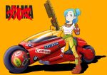  1girl akira_(manga) aqua_hair armor asymmetrical_hair bandaid bandaid_on_cheek bandaid_on_face belt blue_eyes boots brand_name_imitation breasts brown_footwear brown_gloves bulma character_name commentary_request crop_top dragon_ball dragon_ball_(classic) dragon_radar energy_gun finger_on_trigger full_body gloves goggles goggles_around_neck green_belt green_ribbon gun hair_ribbon holding holding_gun holding_weapon kaneda_shoutarou&#039;s_bike laser_rifle leather leather_gloves medium_breasts medium_hair midriff motor_vehicle motorcycle on_motorcycle one_side_up orange_background pants pauldrons pink_mousse pouch product_placement purple-tinted_eyewear ribbon scene_reference shirt shoulder_armor single_pauldron solo t-shirt thigh_pouch tinted_eyewear weapon yellow_pants 