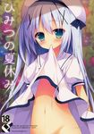  2015 absurdres aqua_eyes blue_hair blush copyright_name cover cover_page dated doujin_cover dress eyebrows_visible_through_hair gochuumon_wa_usagi_desu_ka? groin hair_ribbon highres izumiyuhina kafuu_chino long_hair mouth_hold navel no_panties out-of-frame_censoring ribbon solo stomach white_dress 