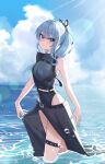  1girl absurdres adapted_costume asymmetrical_sidelocks belt black_belt black_one-piece_swimsuit black_ribbon black_sarong blue_eyes blue_hair blue_sky chest_harness chrispy_tuna cloud commentary covered_navel cumulonimbus_cloud day double-parted_bangs english_commentary hair_between_eyes hair_ribbon harness highleg highleg_one-piece_swimsuit highres hololive hoshimachi_suisei hoshimachi_suisei_(shout_in_crisis) long_hair looking_at_viewer ocean official_alternate_hairstyle one-piece_swimsuit outdoors ponytail ribbon sarong short_sleeves sidelocks single_bare_shoulder single_sleeve skirt_hold sky smile solo star_(symbol) star_in_eye swimsuit symbol_in_eye thigh_strap virtual_youtuber wading water wet wet_hair 
