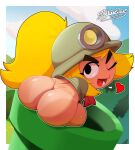 armless armor big_butt big_head black_eyes blonde_hair butt clothing delicioussoup female goomba goombella hair headgear helmet hi_res huge_butt humanoid long_hair looking_at_viewer looking_back looking_back_at_viewer mario_bros nintendo one_eye_closed paper_mario ponytail rear_view shirt short_stack sitting solo suntan tan_line topwear warp_pipe wink winking_at_viewer