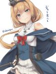  1girl akino_shuu black_hairband blonde_hair blue_capelet blue_eyes blue_overskirt breasts capelet crown earrings flower hair_between_eyes hairband jewelry kantai_collection long_hair long_sleeves low-tied_long_hair medium_breasts mini_crown necklace red_flower red_rose rose scepter smile solo valiant_(kancolle) 