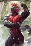 abs anthro armpit_hair balls bathing beard biceps big_balls big_muscles black_body black_scales body_hair chest_hair chest_tuft claws darkgem dinosaur facial_hair fangs genitals goatee hair hi_res humanoid_genitalia humanoid_penis looking_at_viewer male muscular muscular_anthro muscular_male nude open_mouth open_smile pecs penis prehistoric_species pubes red_body red_hair red_scales reptile scales scalie shower showering sideburns smile soap solo standing tagg tail teeth text theropod tongue tongue_out tuft
