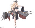  1girl absurdres alternate_costume atodashi bikini bismarck_(kancolle) black_bikini black_sarong blonde_hair blue_ribbon breasts cannon full_body grey_hat hair_between_eyes hat highres kantai_collection large_breasts long_hair mast medium_breasts navel peaked_cap ribbon rigging sandals sarong solo standing swimsuit turret very_long_hair wrist_ribbon 