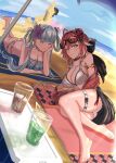  2girls absurdres ahoge alternate_costume bare_legs bare_shoulders barefoot beach beach_towel bikini black_bow black_sarong blue_sky body_markings bow braid breasts bright_pupils changli_(wuthering_waves) cleavage closed_mouth collarbone commentary_request cup day drinking_glass drinking_straw dutch_angle earrings eyewear_on_head flower glasses hair_bow hair_extensions hair_flower hair_ornament highres jewelry jinhsi_(wuthering_waves) kc_yuki89 large_breasts looking_at_viewer lying mole mole_on_cheek multicolored_hair multiple_girls on_stomach outdoors pink_hair pout purple_flower red_flower red_rose rose sand_castle sand_sculpture sarong sky smile swimsuit the_pose thigh_strap towel twin_braids two-tone_hair two_side_up white_bikini white_eyelashes white_eyes white_hair white_pupils wuthering_waves yellow_eyes 