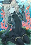  black_dress black_gloves black_legwear blonde_hair covered_navel dress elbow_gloves eyebrows eyebrows_visible_through_hair fish gloves grey_eyes highres kantai_collection long_hair looking_at_viewer pantyhose shira_ichigo_(ichigohou) solo u-511_(kantai_collection) underwater 