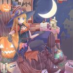  black_gloves black_legwear blonde_hair blue_eyes breasts cleavage dress gloves halloween hat highres holding long_hair looking_at_viewer madou_monogatari moon pumpkin puyopuyo sitting small_breasts solo thighhighs waichi witch_(puyopuyo) witch_hat 
