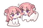  biting bow bowtie cheek_biting chibi doro_(nikke) dorothy_(nikke) dual_persona goddess_of_victory:_nikke mming_(mmingis18) non-web_source pink_hair purple_bow purple_bowtie purple_eyes simple_background 