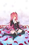  absurdres black_dress black_footwear black_ribbon blood bomhat boots detached_sleeves dress finger_to_mouth flat_chest full_body hair_ornament highres krul_tepes long_hair owari_no_seraph pink_hair pointy_ears red_eyes red_feathers ribbon sitting solo thigh_boots thighhighs twintails 