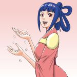  1girl :d absurdres aobito_sukoyaka_bystander blue_hair blunt_bangs gradient_background hair_rings hair_up highres japanese_clothes kimono looking_at_viewer luxe_sakomizu petals pink_background pink_kimono rean_no_tsubasa red_eyes smile solo wide_sleeves 