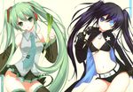  bikini_top black_rock_shooter black_rock_shooter_(character) cleavage crossover dmyo fixed hatsune_miku headphones open_shirt pantsu shimapan snow_ring thighhighs vocaloid 