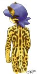 2003 anthro cheek_tuft complex_markings ear_markings ear_piercing ear_ring eyelashes facial_tuft felid feline fist hair head_tilt j-fujita juju_(j-fujita) leopardus looking_offscreen male mammal markings multicolored_body ocelot piercing purple_hair rear_view ring_piercing short_hair snout solo spots spotted_markings tail tan_body tuft watermark