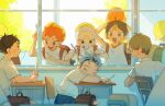  6+boys aged_down ahoge annsmow artist_name bag ball black_hair blurry bokuto_koutarou brown_bag brown_eyes chair character_request charm_(object) child classroom collared_shirt depth_of_field desk grey_hair haikyuu!! hat highres hinata_shouyou holding holding_ball holding_pencil hoshiumi_kourai indoors male_focus multicolored_hair multiple_boys nishinoya_yuu on_chair on_desk open_mouth orange_eyes orange_hair pencil school school_uniform shirt short_hair short_sleeves sitting sleeping sleeping_on_desk smile t-shirt teeth twitter_username two-tone_hair two-tone_shirt white_shirt yellow_eyes yellow_hat 